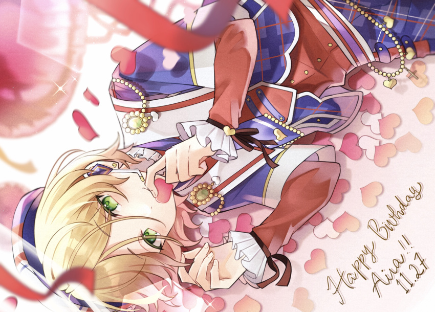 1boy, beret, bishounen, black_ribbon, blonde_hair, blue_hat, blue_pants, blurry