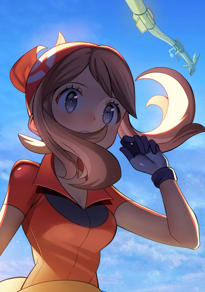 1girl, =_(9_yawbus), bandana, black_gloves, blue_sky, brown_hair, eyelashes, gloves