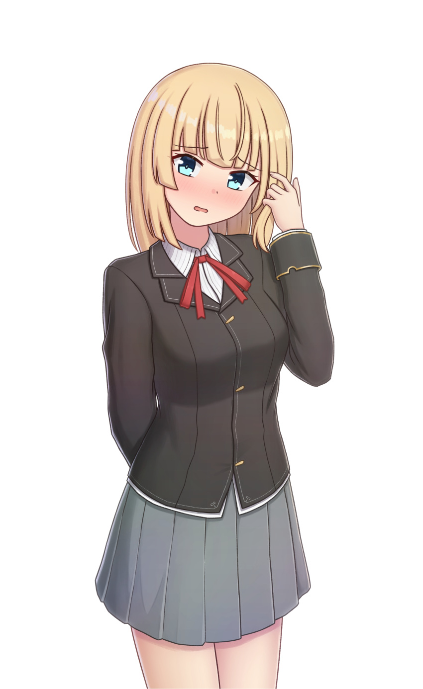 1girl, absurdres, aqua_eyes, black_jacket, blazer, blonde_hair, blush, breasts, cosplay, cowboy_shot, grey_skirt, highres, jacket, kantai_collection, konato_k, large_breasts, long_sleeves, looking_at_viewer, miniskirt, neck_ribbon, olivia_(mobseka), olivia_(mobseka)_(cosplay), otome_gee_sekai_wa_mob_ni_kibishii_sekai_desu, pleated_skirt, red_ribbon, ribbon, rodney_(kancolle), short_hair, skirt, solo, standing
