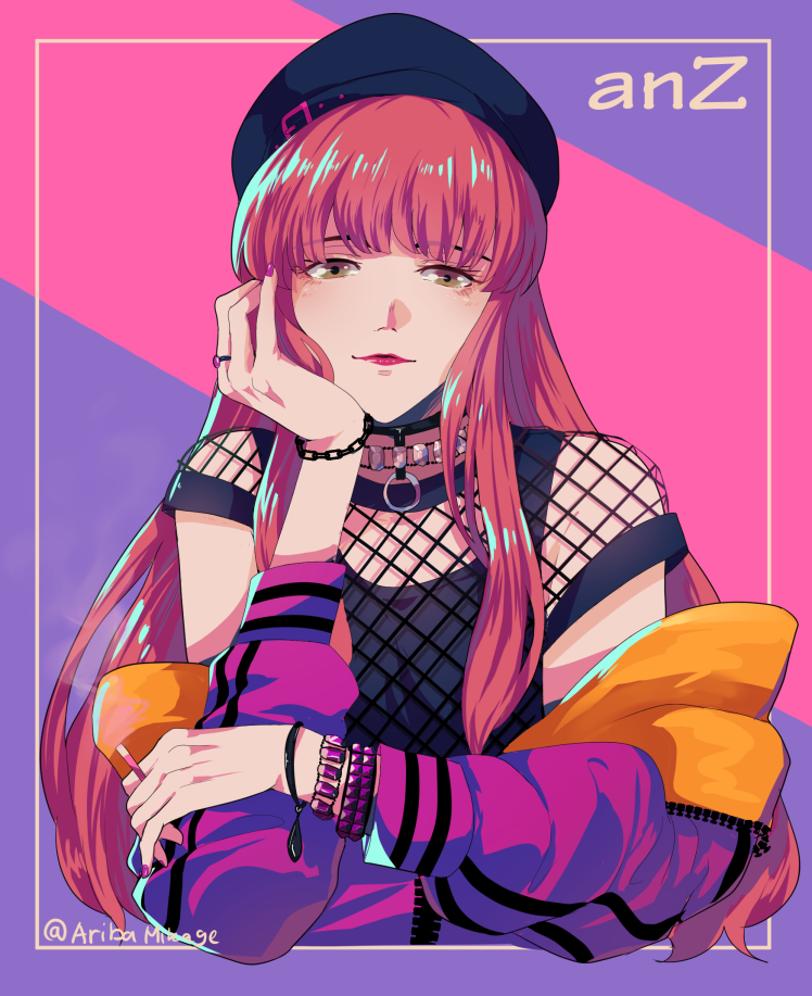 1other, anne_faulkner, black_hair, black_vest, bracelet, brown_eyes, choker, fishnet_top, fishnets, jacket, jacket_partially_removed, jewelry, lipstick, long_hair, looking_at_viewer, makeup, mihke_(yuh_ke), paradox_live, pink_background, pink_nails, purple_background, ring, solo, upper_body, vest, wristband