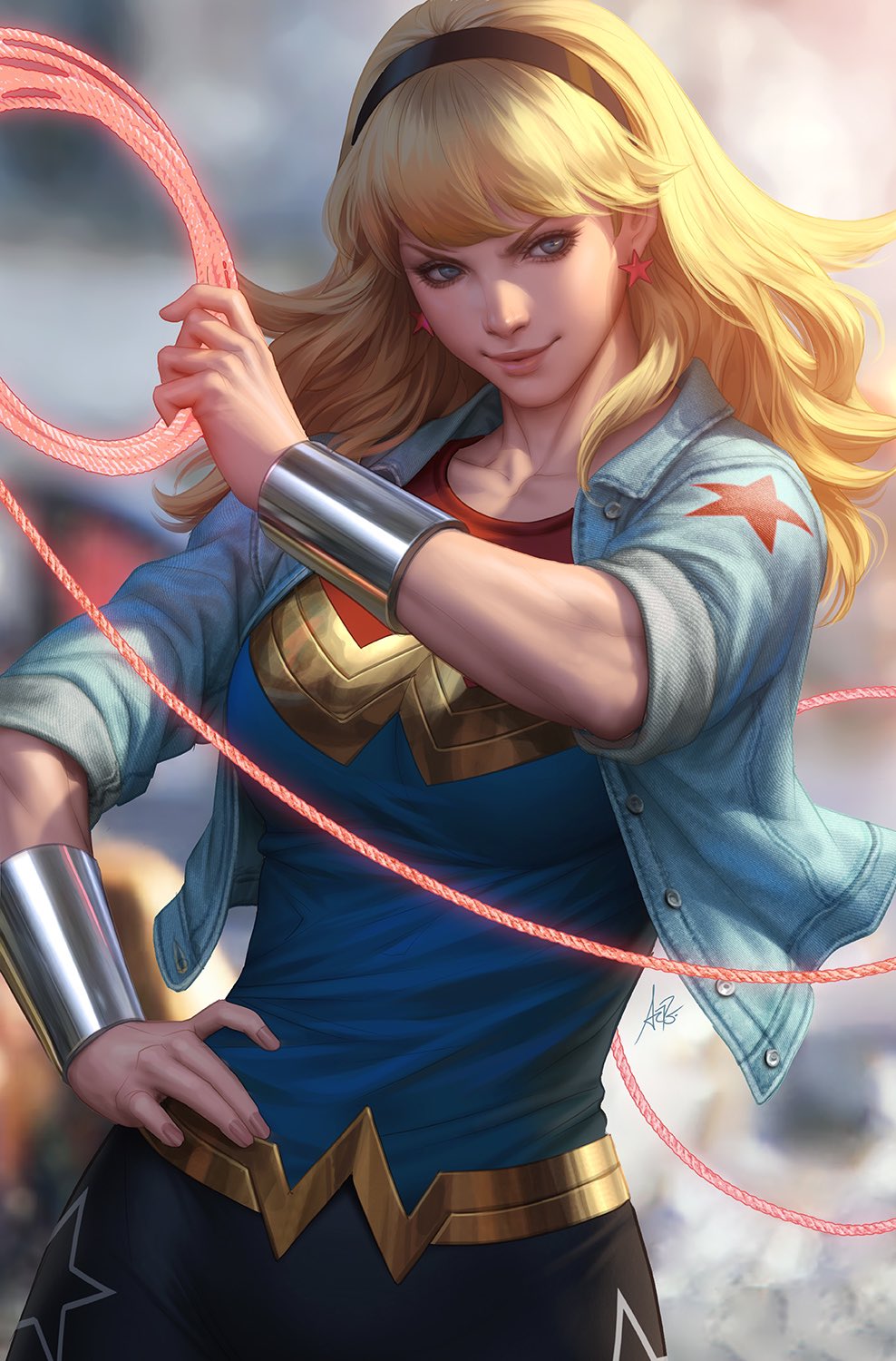 1girl, belt, black_hairband, black_pants, blonde_hair, blue_eyes, blue_jacket, blue_shirt, blurry, blurry_background, bracer, cassie_sandsmark, comic_cover, cropped_jacket, dc_comics, denim, denim_jacket, depth_of_field, earrings, gold, gold_belt, hairband, hand_on_own_hip, highres, holding_lasso, jacket, jewelry, lasso, long_hair, official_art, open_clothes, open_jacket, pants, shirt, short_sleeves, signature, solo, stanley_lau, star_(symbol), star_earrings, wonder_girl, wonder_woman_(series)