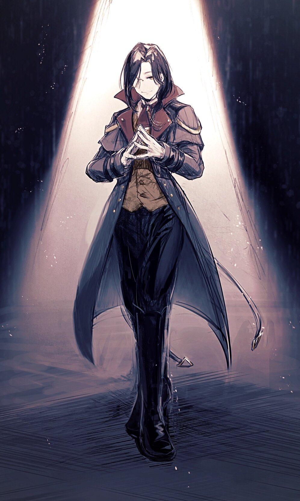 1boy, ascot, black_hair, black_pants, boots, brown_vest, buranran, coat, full_body, hair_over_shoulder, highres, knee_boots, long_sleeves, looking_at_viewer, low_ponytail, male_focus, medium_hair, monocle, nijisanji, open_clothes, open_coat, pants, parted_bangs, red_ascot, shellin_burgundy, shellin_burgundy_(1st_costume), shirt, smile, solo, spotlight, standing, steepled_fingers, trench_coat, vest, virtual_youtuber, white_shirt, yellow_eyes