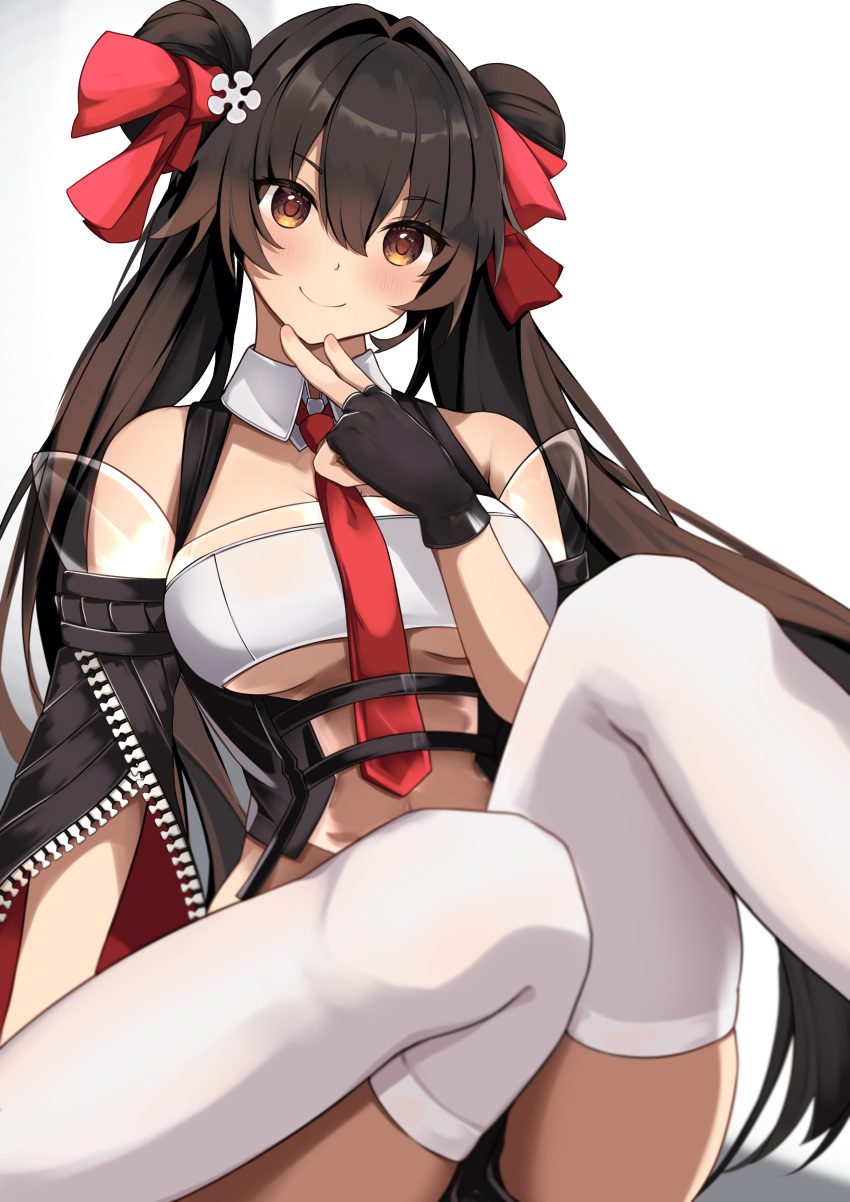 1girl, absurdres, aratake, black_hair, breasts, collar, crop_top, detached_sleeves, double_bun, fingerless_gloves, girls'_frontline_neural_cloud, girls_frontline, gloves, hair_bun, hair_ornament, highres, jiangyu_(neural_cloud), long_hair, necktie, red_necktie, ribbon, short_shorts, shorts, sitting, smile, solo, thigh-highs, twintails, type_97_(girls'_frontline), white_thighhighs, yellow_eyes