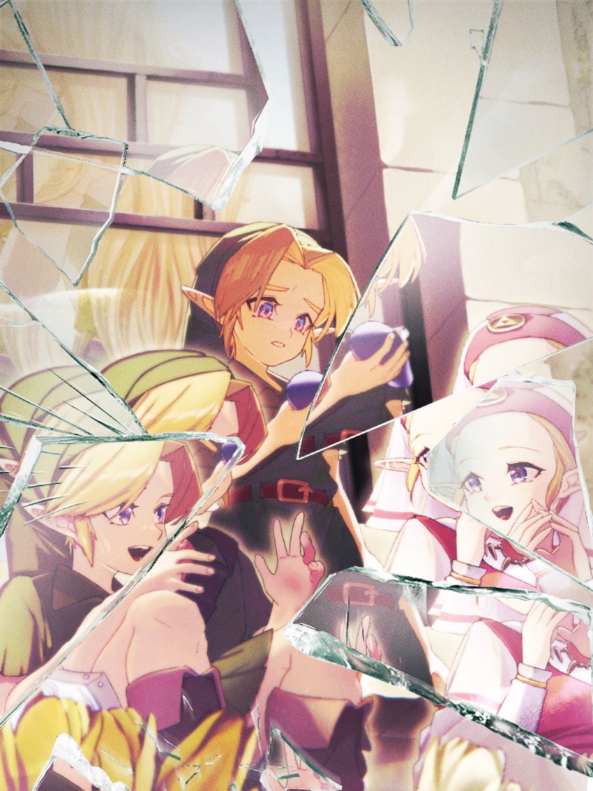 1boy, 2girls, aged_down, ao_haruki, back-to-back, belt, blonde_hair, blue_eyes