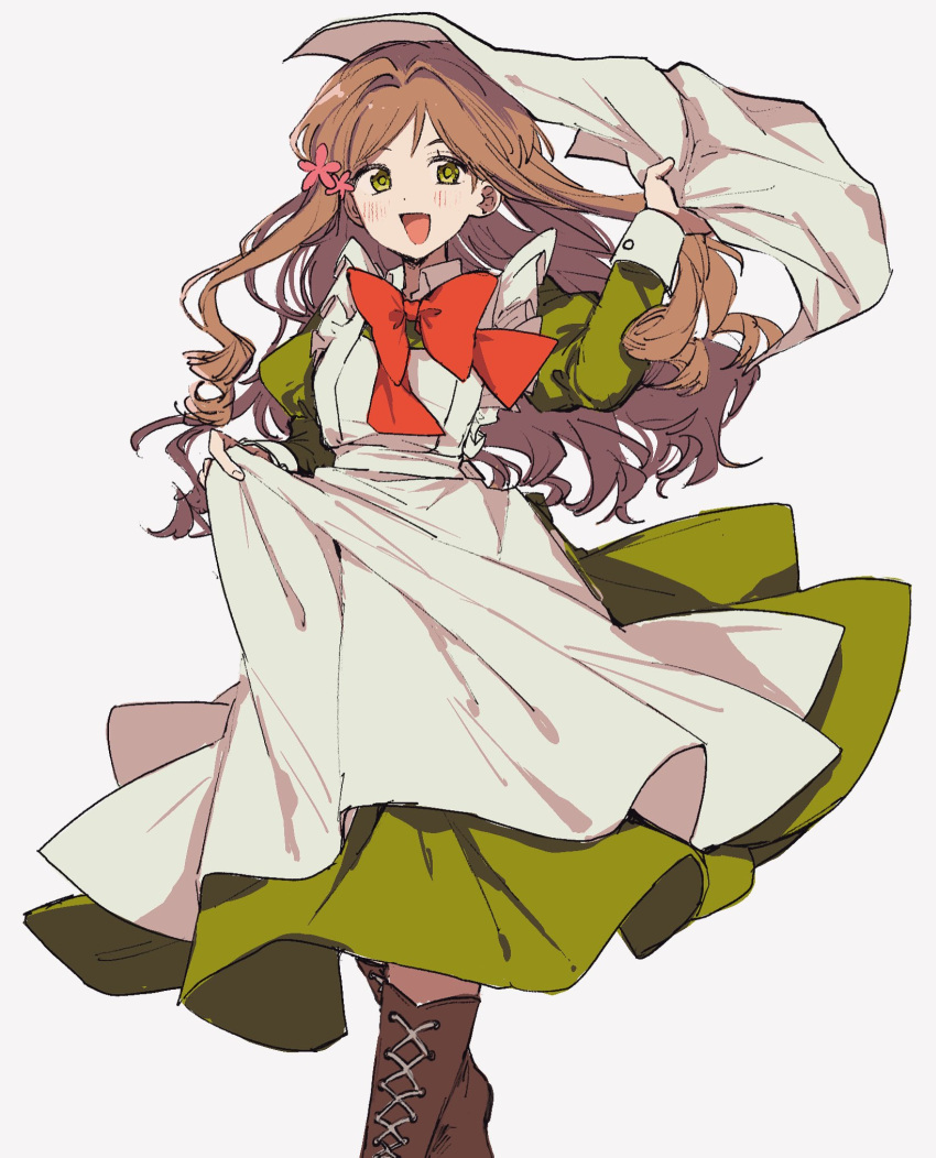 1girl, :d, apron, axis_powers_hetalia, blush, boots, breasts, brown_hair