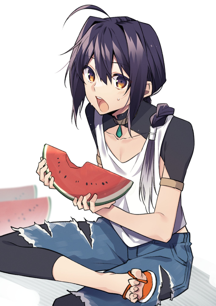 1other, ahoge, alternate_costume, armlet, black_hair, braid, choker, denim