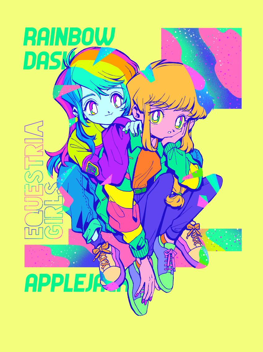 2girls, absurdres, alternate_costume, applejack, applejack_(equestria_girls), belt, blonde_hair, blue_skin