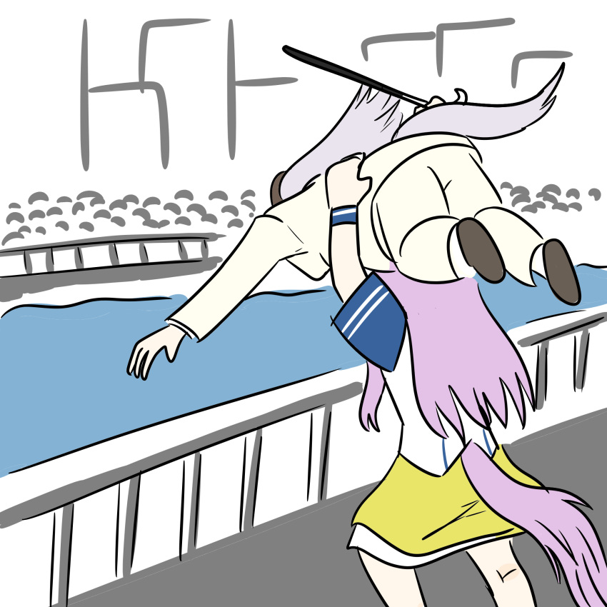 2girls, blackuma, cane, carrying, carrying_over_shoulder, carrying_person, colonel_sanders, colonel_sanders_(cosplay)