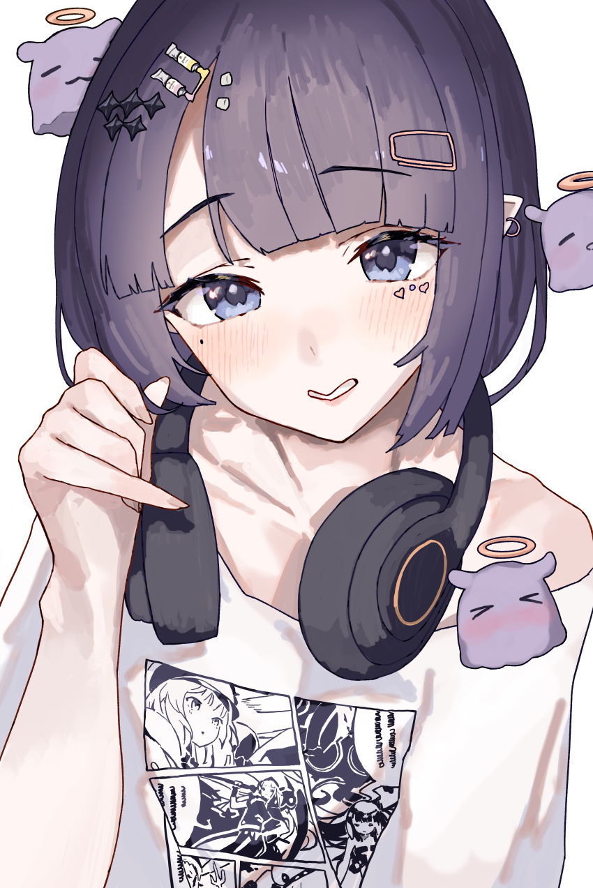 >_<, 1girl, absurdres, blue_eyes, blunt_bangs, blush, collarbone, creature, ear_piercing, earrings, ewn, eyelashes, hair_ornament, hairpin, headphones, headphones_around_neck, highres, hololive, hololive_english, hoop_earrings, jewelry, looking_at_viewer, mole, mole_under_eye, mori_calliope, multiple_hairpins, ninomae_ina'nis, ninomae_ina'nis_(loungewear), official_alternate_hair_length, official_alternate_hairstyle, piercing, pointy_ears, print_shirt, purple_hair, shirt, shy, smile, solo, t-shirt, takodachi_(ninomae_ina'nis), upper_body, virtual_youtuber, watson_amelia, white_background