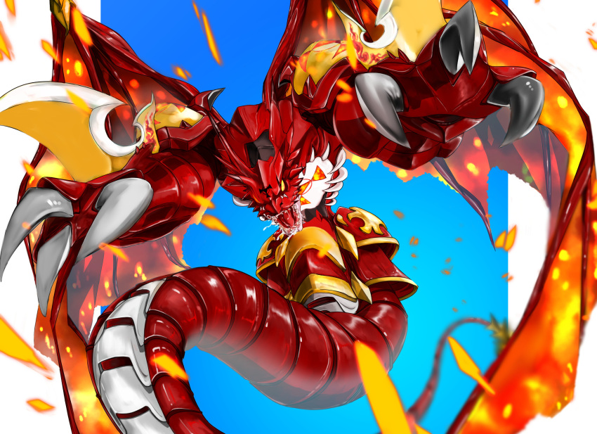 absurdres, blue_background, border, colored_skin, digimon, digimon_(creature), dragon, embers