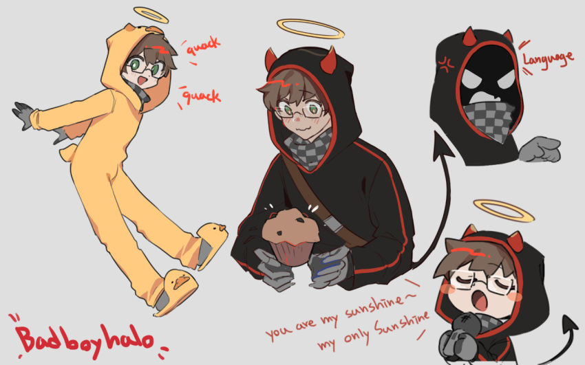 1boy, angry, badboyhalo, brown_hair, character_name, commentary, cosplay, damelives