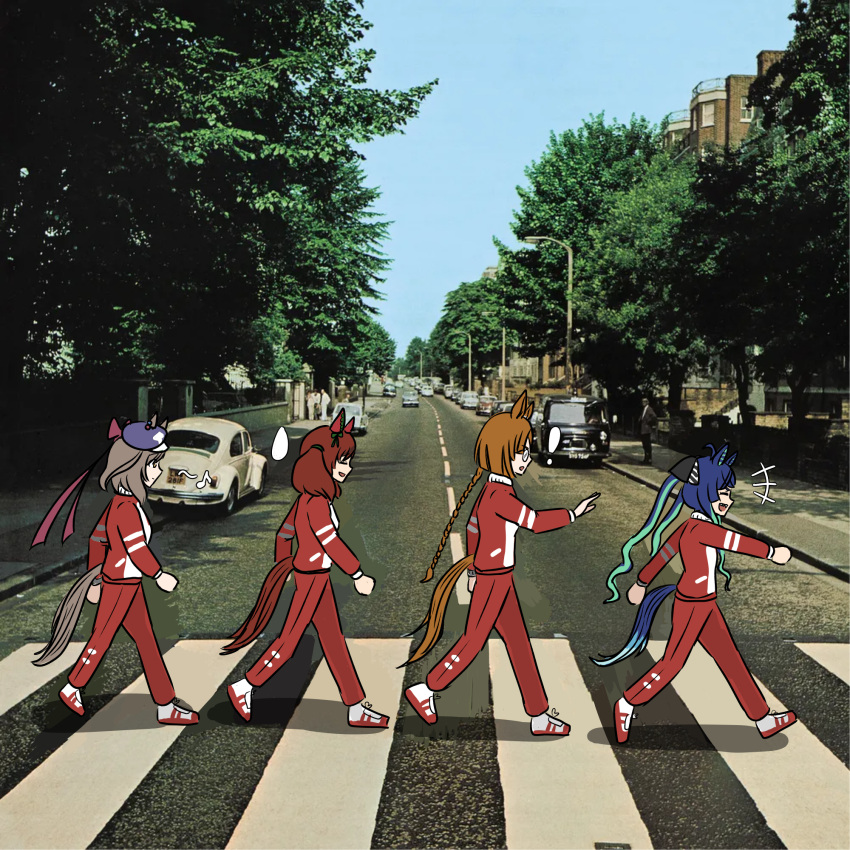 !, +++, 4girls, abbey_road, ahoge, album_cover_redraw, animal_ears, blackuma