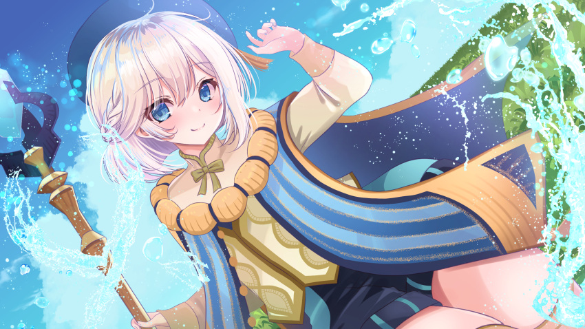 1girl, afk_journey, arm_up, beret, blue_eyes, blue_hat, blue_sky, braid