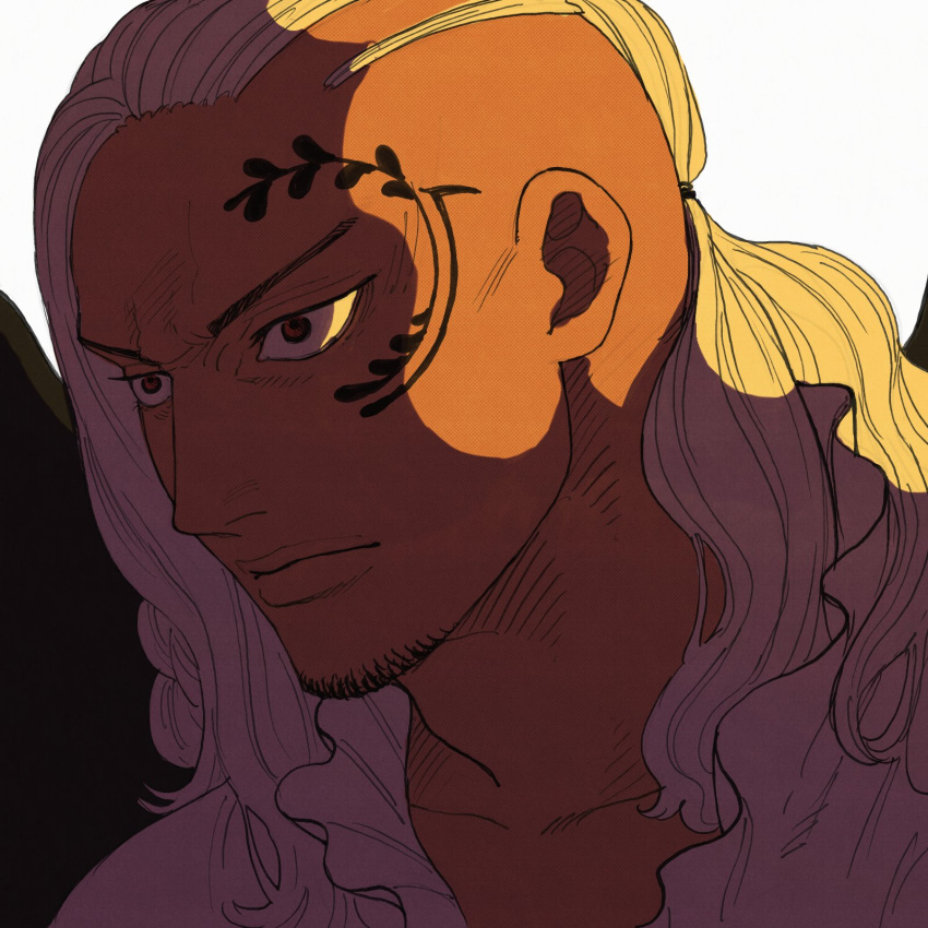 1boy, asymmetrical_hair, brown_eyes, closed_mouth, dark_skin, facial_hair, facial_tattoo, frilled_shirt