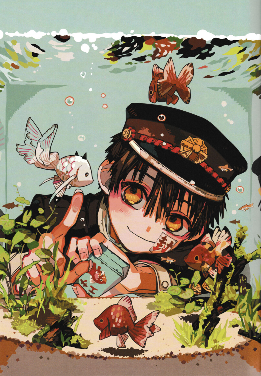 1boy, against_glass, arm_rest, bishounen, box, bubble, choppy_bangs, closed_mouth