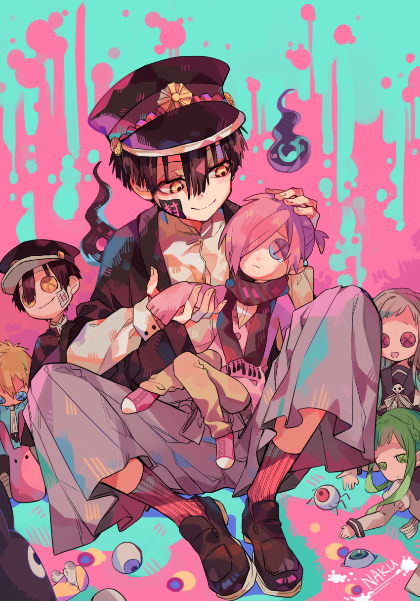 1boy, absurdres, aqua_background, artist_name, bishounen, black_footwear, black_hat, black_jacket