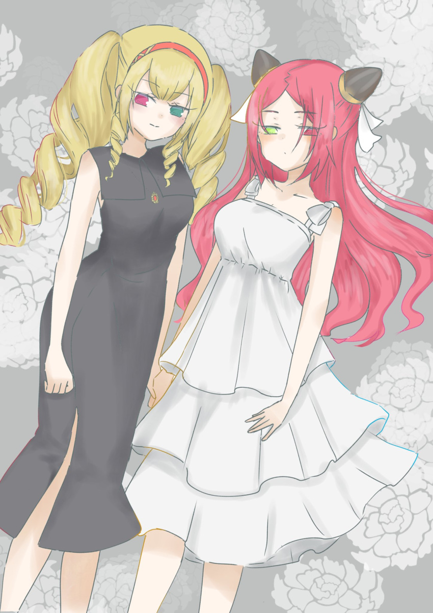 2girls, aqua_eyes, assault_lily, bare_arms, bare_shoulders, black_dress, blonde_hair, breasts, closed_mouth, collarbone, commentary, dress, drill_hair, drill_sidelocks, feet_out_of_frame, floral_background, flower, fumi_(fumifumi3axl), green_eyes, grey_background, hairpods, heterochromia, highres, komai_sumire, layered_dress, light_blush, looking_at_viewer, medium_breasts, multiple_girls, parted_bangs, red_eyes, redhead, shiba_tomoshibi, side-by-side, side_slit, sidelocks, sleeveless, sleeveless_dress, standing, twintails, white_dress, white_flower