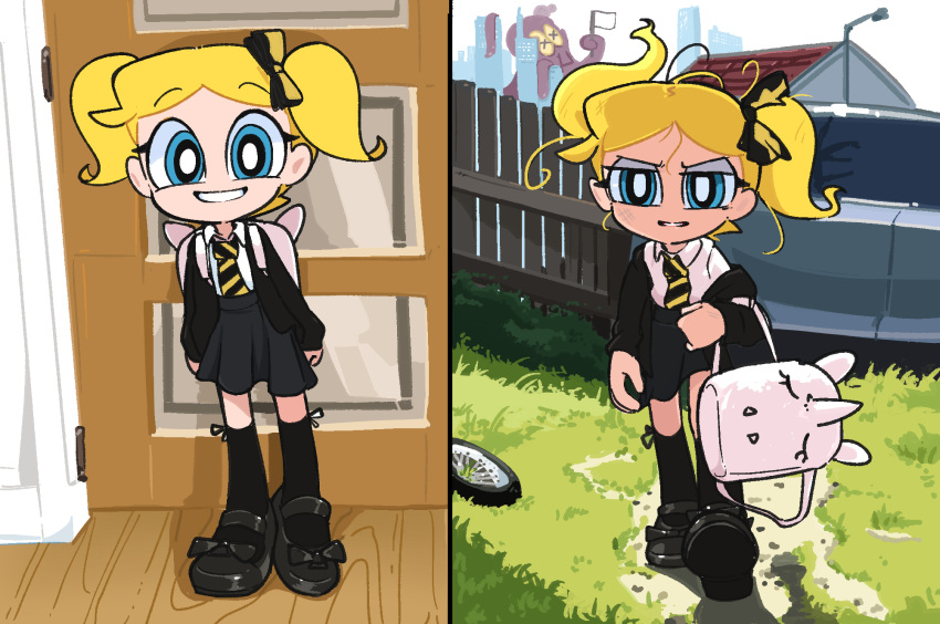 1girl, bag, black_coat, black_footwear, black_skirt, black_socks, blonde_hair, blue_eyes