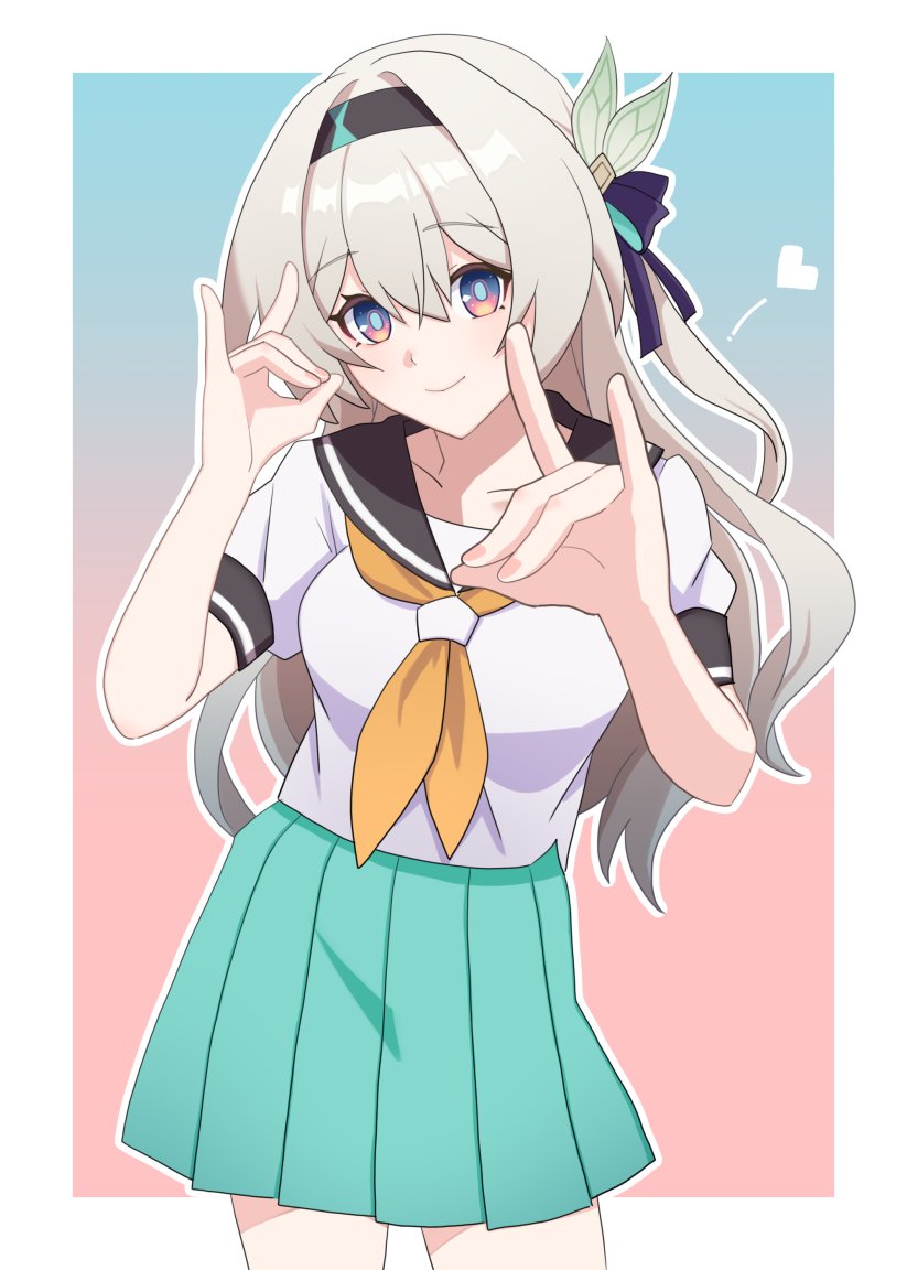 1girl, alternate_costume, black_hairband, black_sailor_collar, breasts, cowboy_shot, firefly_(honkai:_star_rail), fox_shadow_puppet, green_skirt, grey_hair, hair_between_eyes, hair_intakes, hairband, honkai:_star_rail, honkai_(series), long_hair, looking_at_viewer, medium_breasts, necktie, orange_necktie, pleated_skirt, sailor_collar, school_uniform, serafuku, skirt, smile, solo, two-tone_eyes, yamayu_isu