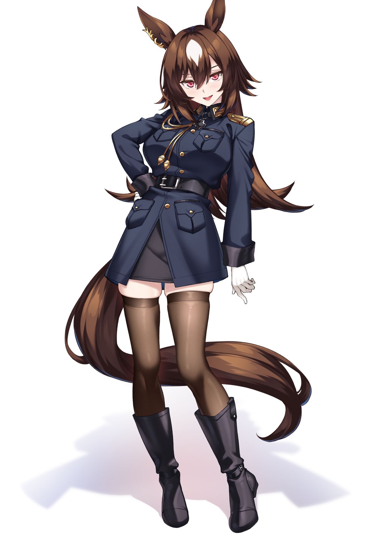 1girl, alternate_costume, animal_ears, belt, black_belt, black_footwear, black_skirt, blue_jacket, brown_hair, cuffed_sleeves, ear_ornament, gloves, hand_on_own_hip, highres, horse_ears, horse_girl, horse_tail, jacket, military_uniform, multicolored_hair, open_mouth, pencil_skirt, red_eyes, shirokuma_a, simple_background, sirius_symboli_(umamusume), skindentation, skirt, solo, streaked_hair, tail, umamusume, uniform, white_background, white_gloves, zettai_ryouiki