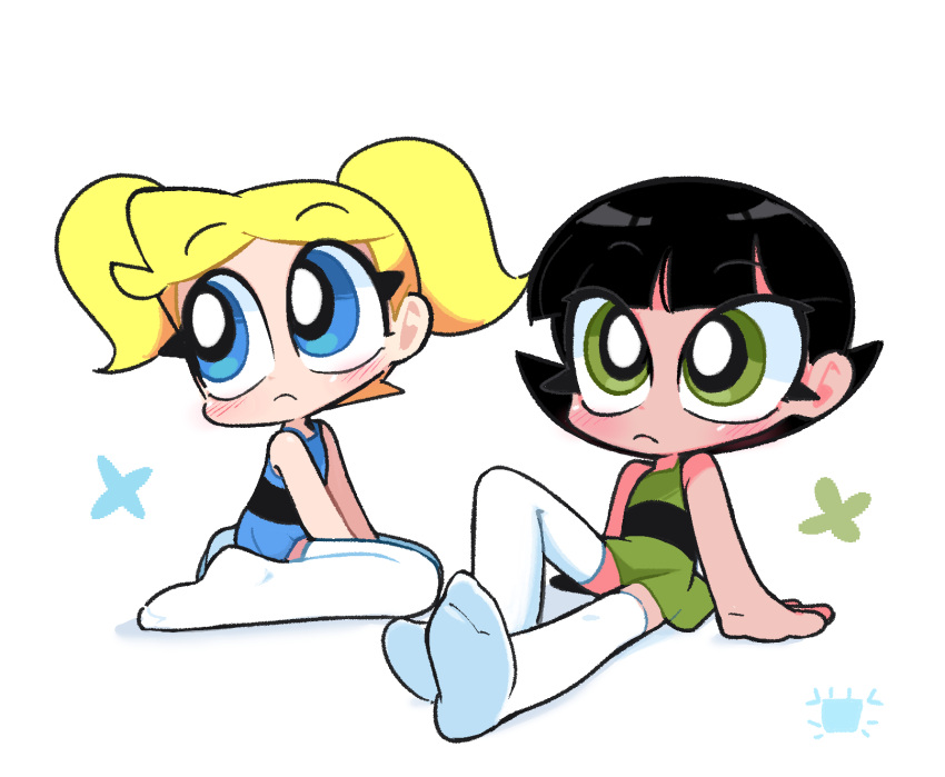 2girls, black_hair, blonde_hair, blue_dress, blue_eyes, bubbles_(ppg), buttercup_(ppg), dress, green_dress, green_eyes, highres, kim_crab, kneeling, multiple_girls, powerpuff_girls, short_hair, short_twintails, sitting, sleeveless, sleeveless_dress, thigh-highs, tomboy, twintails, white_thighhighs