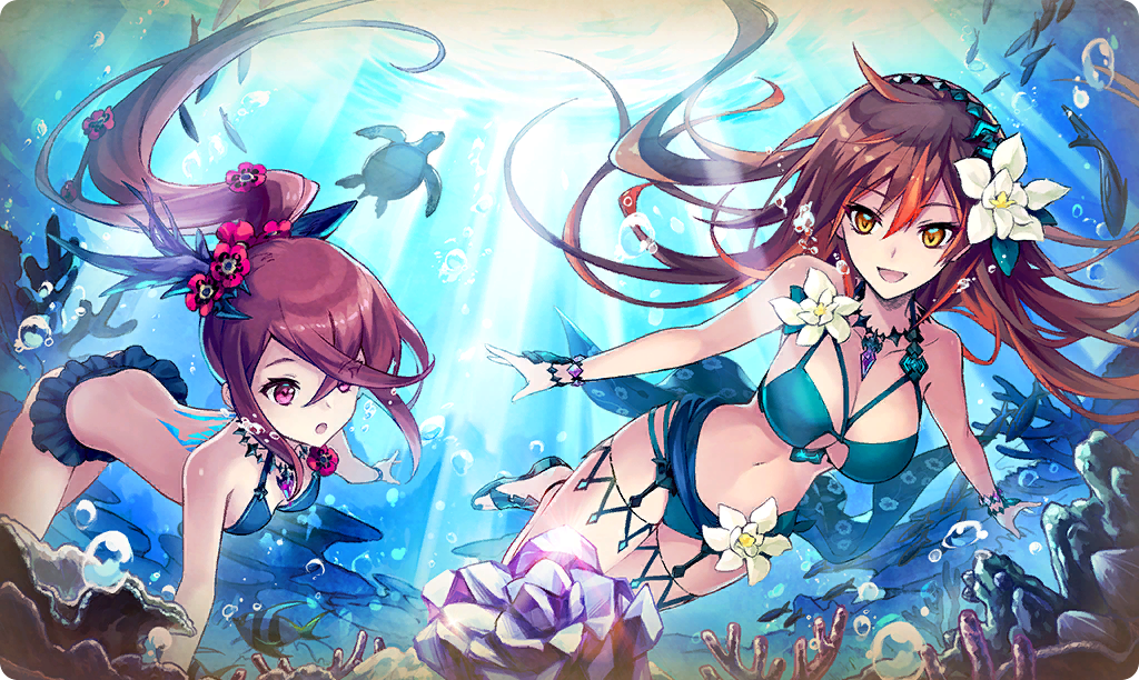 2girls, bikini, breasts, bubble, coral, coral_reef, dare_ga_tame_no_alchemist, fish, flower, hair_flower, hair_ornament, lamia_(dare_ga_tame_no_alchemist), multiple_girls, navel, no_socks, open_mouth, ponytail, red_eyes, redhead, sandals, small_breasts, swimsuit, theresa_(dare_ga_tame_no_alchemist), turtle, underwater, wavy_mouth, yellow_eyes