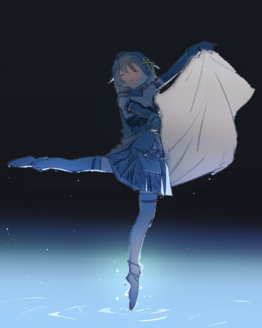 1girl, arabesque_(pose), black_background, blue_background, blue_hair, cape, cape_lift, closed_eyes