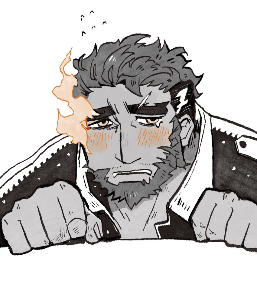 1boy, blush, eyebrow_cut, flaming_eye, flying_sweatdrops, hephaestus_(housamo), highres, male_focus, mature_male, mochiyoshi, peeking_out, sad, short_hair, solo, spot_color, tearing_up, thick_eyebrows, tokyo_afterschool_summoners, upper_body