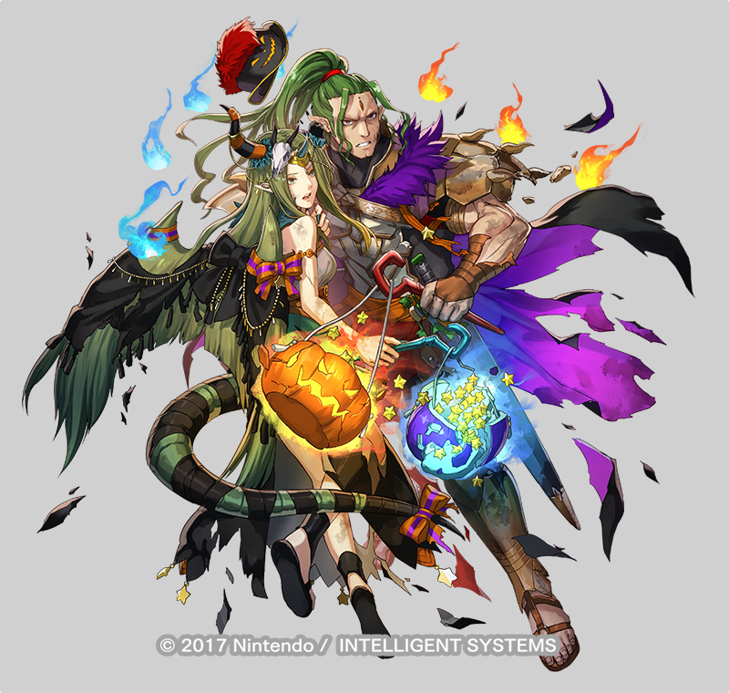 1boy, 1girl, armor, blue_fire, bracelet, brother_and_sister, commentary, company_name
