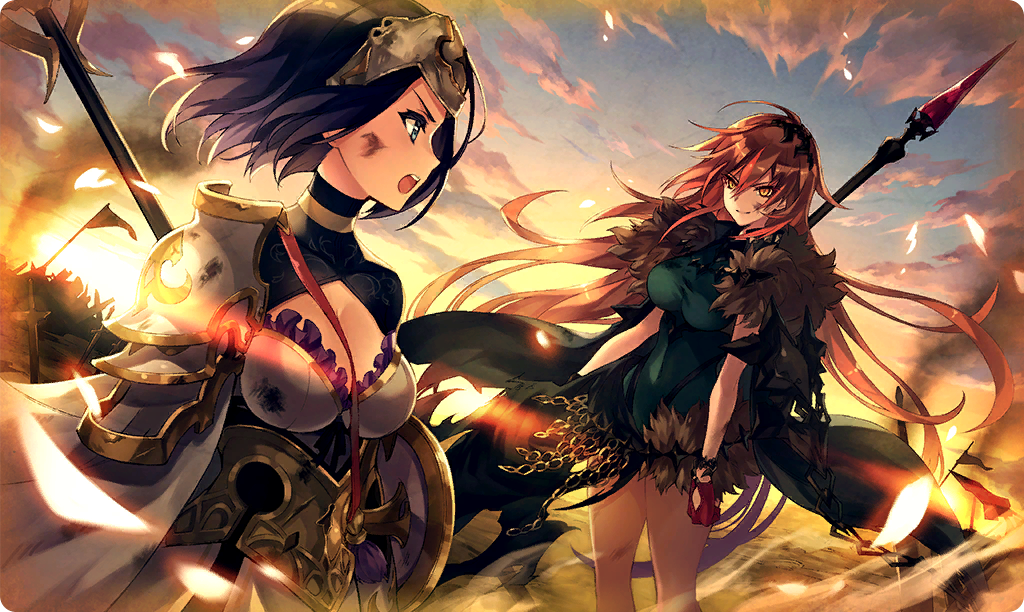 2girls, armor, battlefield, blue_eyes, breasts, chain, closed_mouth, clouds, dare_ga_tame_no_alchemist, dirty, flag, holding, holding_polearm, holding_weapon, multiple_girls, open_mouth, outdoors, polearm, priscilla_(dare_ga_tame_no_alchemist), purple_hair, redhead, shield, sky, smoke, standing, sword, theresa_(dare_ga_tame_no_alchemist), weapon, yellow_eyes