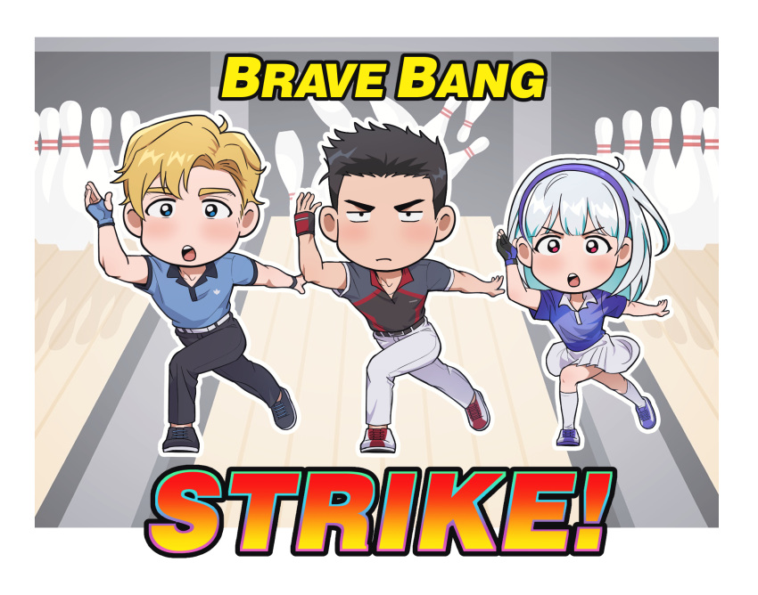 1girl, 2boys, :o, ao_isami, black_hair, blonde_hair, blush, bowling