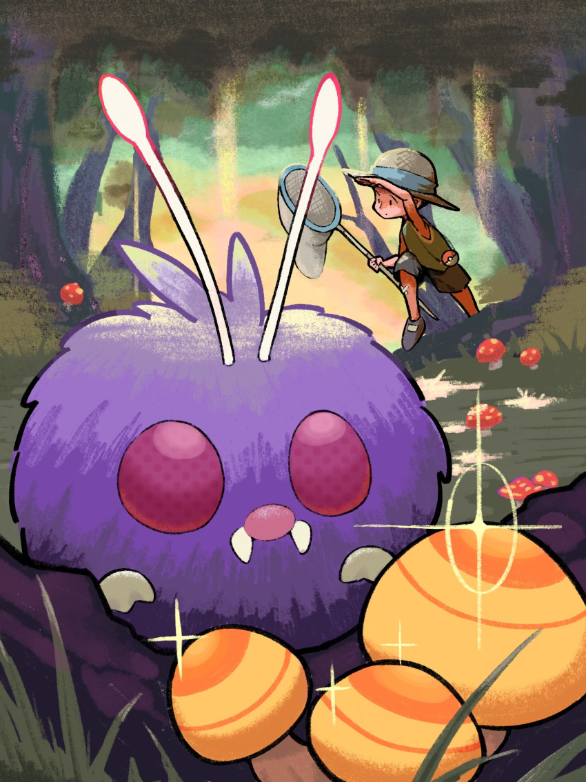 1boy, absurdres, arm_up, black_eyes, bug_catcher_(pokemon), capri_pants, closed_mouth, commentary_request, day, doubt5, grass, green_shirt, grey_footwear, hat, hat_ribbon, highres, holding, holding_butterfly, male_focus, mushroom, outdoors, pants, pokemon, pokemon_(creature), pokemon_oras, ribbon, shirt, shoes, sparkle, tree, venonat