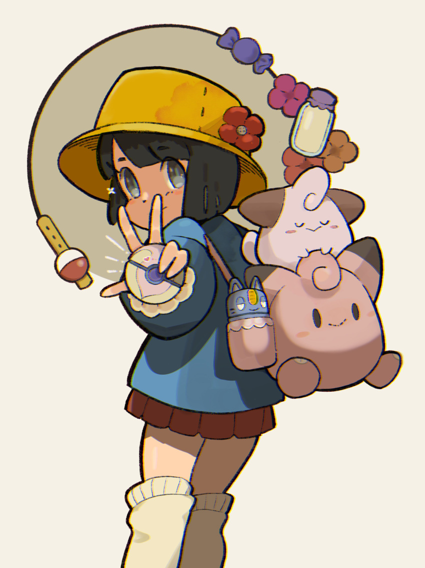 1girl, absurdres, black_hair, blue_sweater, bottle, candy_wrapper, character_doll, cleffa