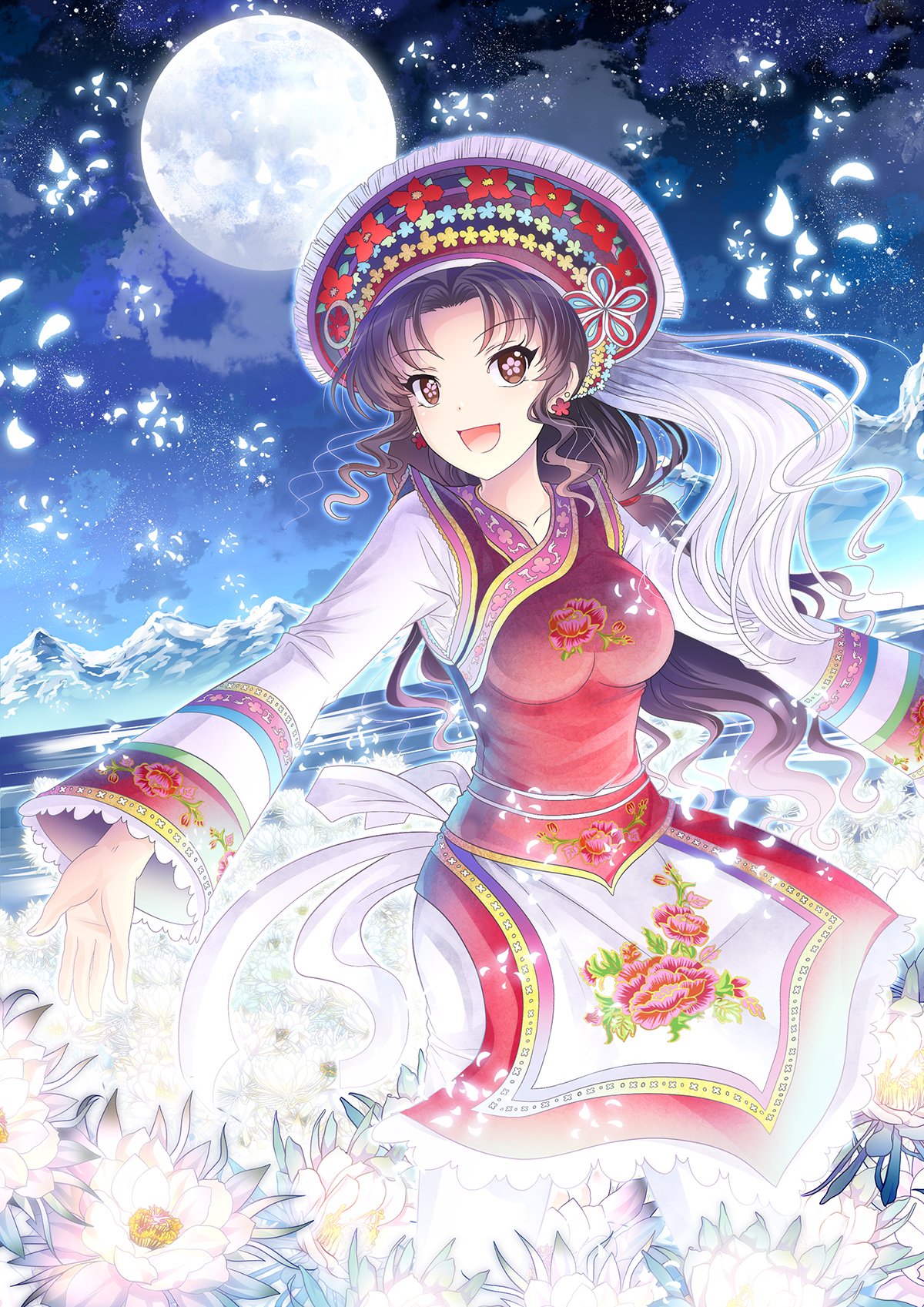 1girl, :d, bai_clothes, black_hair, breasts, brown_eyes, china_comic, clouds