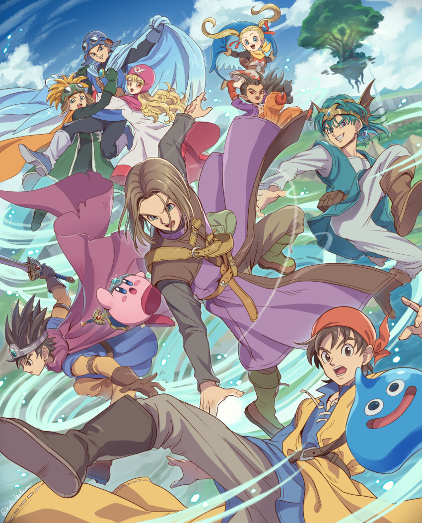 2girls, 6+boys, antenna_hair, aqua_tunic, bandana, belt, blonde_hair, blue_cape