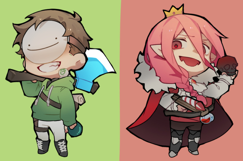 2boys, androgynous, axe, boots, braid, cape, chibi, chibi_only