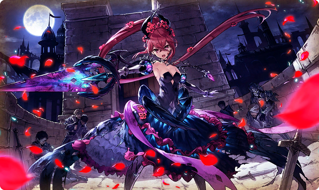1girl, 6+boys, armpits, breasts, citadel, da-kuro, dare_ga_tame_no_alchemist, dress, flower, full_moon, hair_flower, hair_ornament, holding, holding_polearm, holding_weapon, lamia_(dare_ga_tame_no_alchemist), moon, multiple_boys, night, night_sky, official_art, open_mouth, polearm, ponytail, red_eyes, redhead, sky, solo_focus, standing, sword, weapon