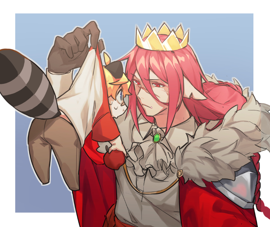 2boys, ahoge, androgynous, animal_ears, apple, armor, ascot, blonde_hair, blue_background, border, braid, brown_pants, cape, commentary, crown, damelives, dream_smp, food, fruit, fur-trimmed_cape, fur_trim, holding, holding_food, humanization, kemonomimi_mode, long_hair, male_focus, minecraft_youtube, mini_person, miniboy, multiple_boys, pants, pink_hair, pointy_ears, raccoon_boy, raccoon_ears, raccoon_tail, red_cape, red_eyes, shirt, short_hair, short_sleeves, single_braid, size_difference, tail, technoblade, tommyinnit, tommyinnit_(raccoon), white_ascot, white_border, white_shirt