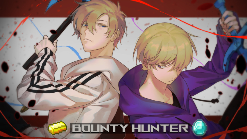 2boys, animification, back-to-back, blonde_hair, commentary, damelives, diamond_(minecraft), dream_smp
