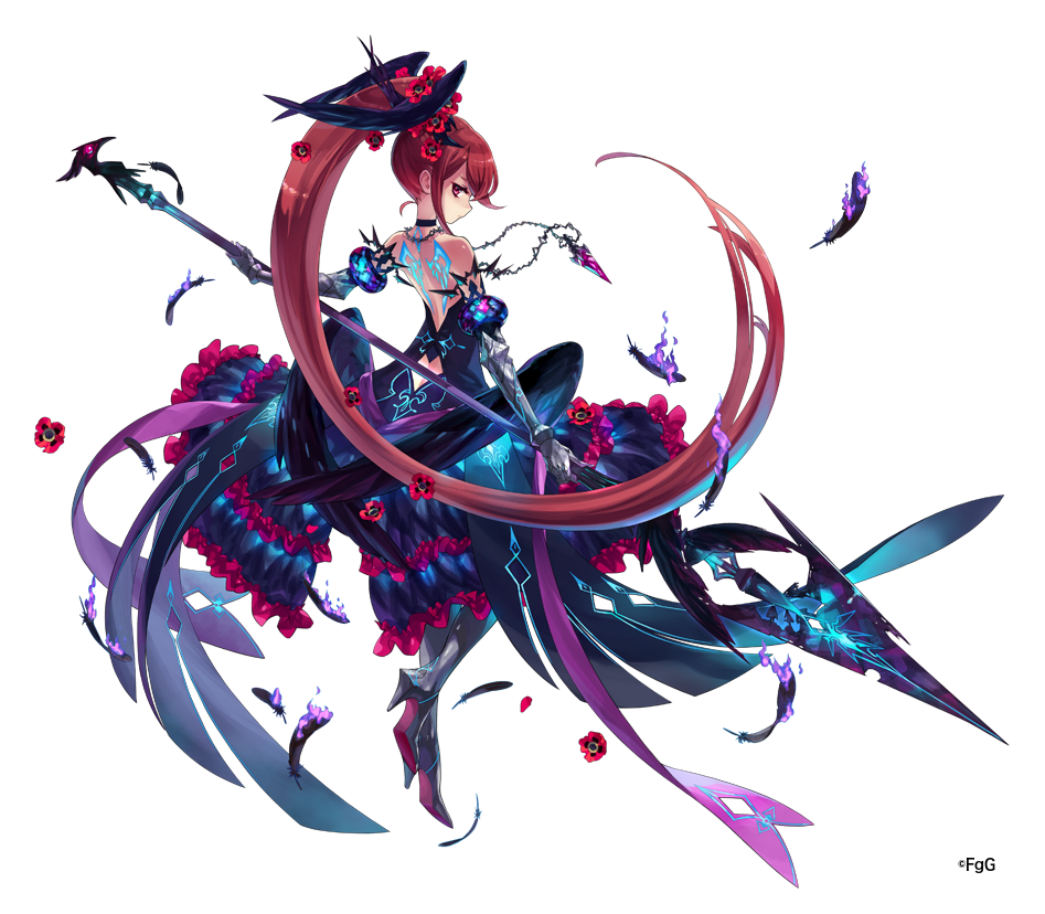 back, da-kuro, dare_ga_tame_no_alchemist, flower, full_body, hair_flower, hair_ornament, high_heels, holding, holding_polearm, holding_weapon, lamia_(dare_ga_tame_no_alchemist), looking_at_viewer, looking_back, official_art, polearm, ponytail, red_eyes, redhead, spear, standing, weapon