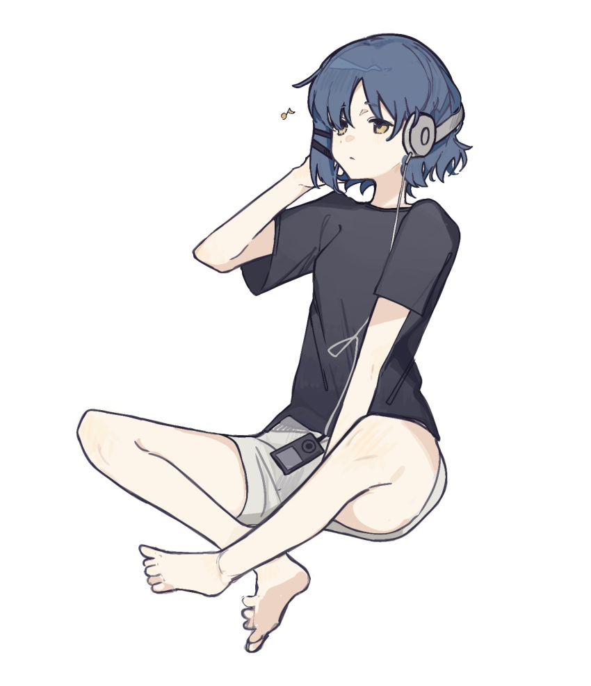 1girl, alternate_costume, bare_legs, barefoot, black_shirt, black_t-shirt, blue_hair, bocchi_the_rock!