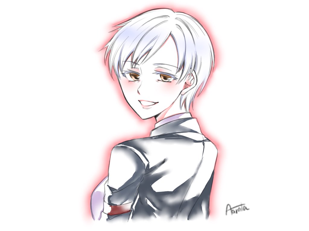 1girl, armband, black_jacket, cropped_torso, doraeri1004, facing_back, from_behind, jacket, looking_at_viewer, open_clothes, orange_eyes, outline, purple_shirt, red_armband, red_outline, shirt, signature, smile, solo, tanaka_atsuko, umineko_no_naku_koro_ni, upper_body, ushiromiya_kyrie, white_background, white_hair