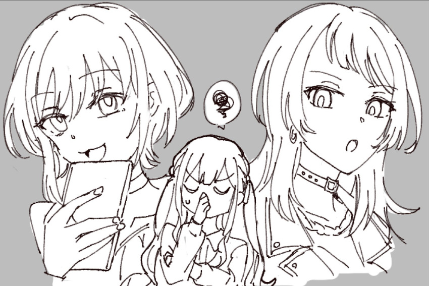 3girls, bang_dream!, bang_dream!_it's_mygo!!!!!, choker, closed_eyes, collared_shirt, earrings, greyscale