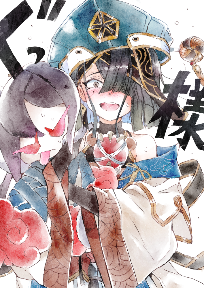1girl, bare_shoulders, black_hair, blue_hat, breasts, bridal_gauntlets, brown_eyes, chinese_clothes
