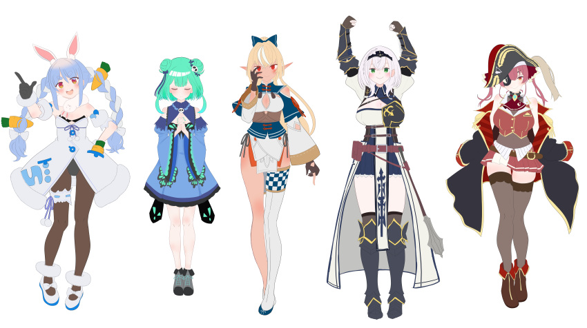 5girls, absurdres, arms_up, blue_dress, breasts, commentary_request, double_bun, dress, full_body, green_hair, green_nails, hair_bun, highres, hololive, hololive_fantasy, houshou_marine, houshou_marine_(1st_costume), kuronagirai, large_breasts, multiple_girls, shiranui_flare, shiranui_flare_(1st_costume), shirogane_noel, shirogane_noel_(1st_costume), simple_background, standing, uruha_rushia, uruha_rushia_(1st_costume), usada_pekora, usada_pekora_(1st_costume), virtual_youtuber, white_background
