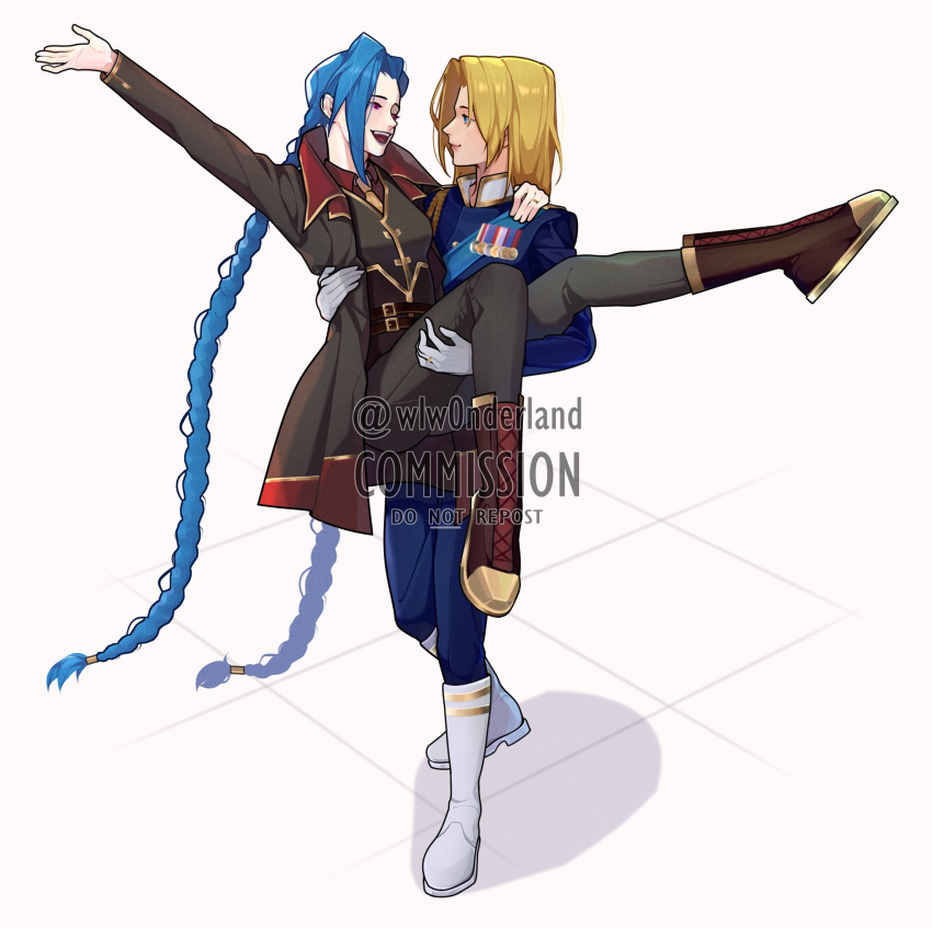 2girls, arcane:_league_of_legends, arcane_jinx, asymmetrical_bangs, blonde_hair, blue_eyes, braid, carrying
