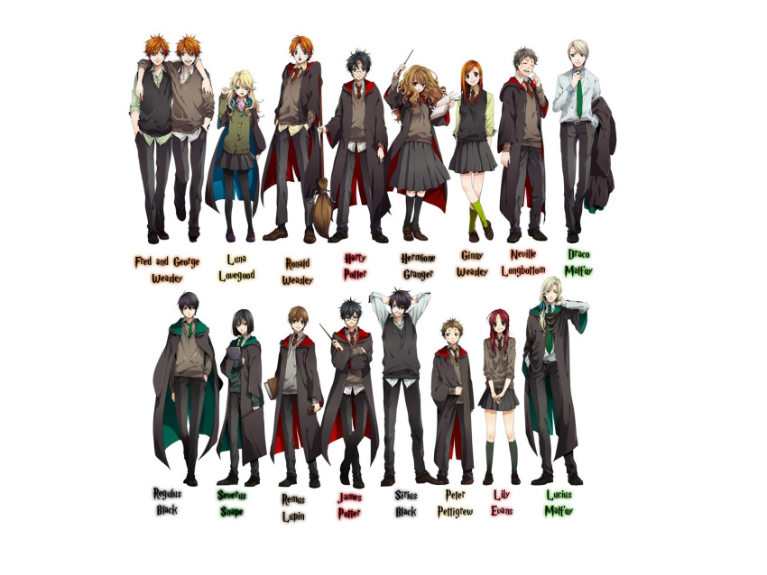 draco_malfoy, fred_weasley, george_weasley, harry_potter, hermione_granger, james_potter, lily_evans, lucius_malfoy