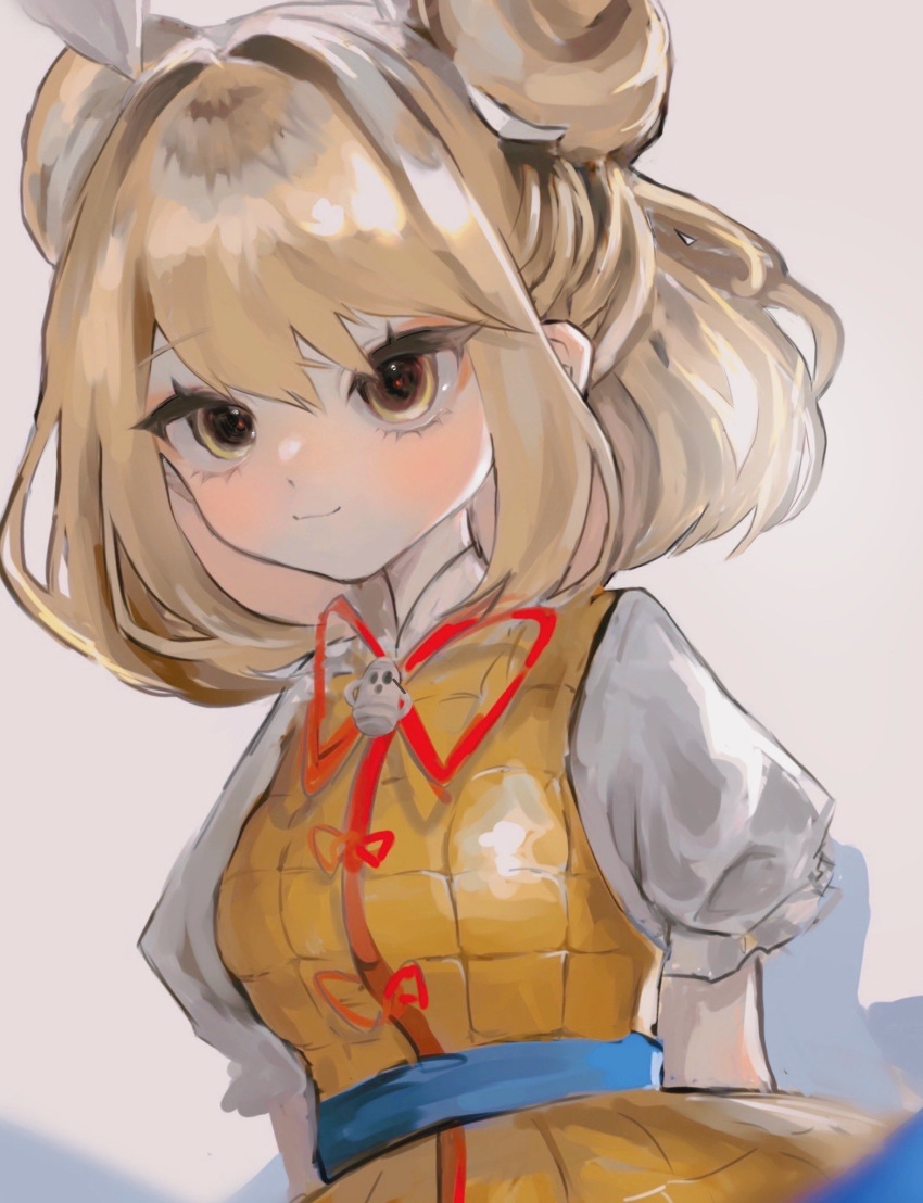 1girl, armor, armored_dress, blonde_hair, blush, closed_mouth, double_bun, dress