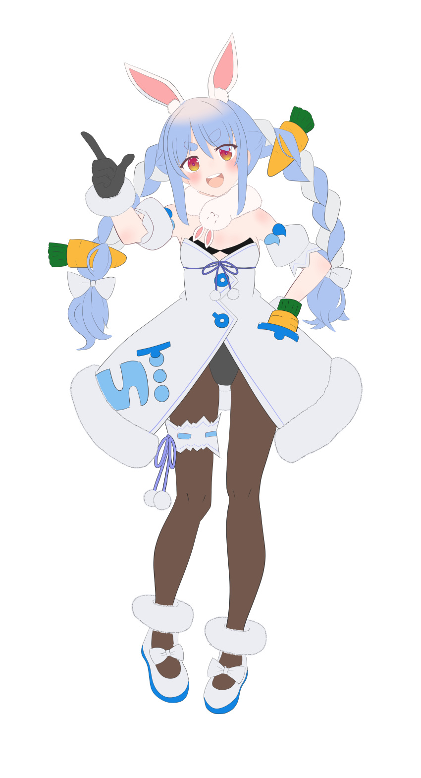 1girl, absurdres, animal_ears, blue_hair, carrot, commentary_request, dress, full_body