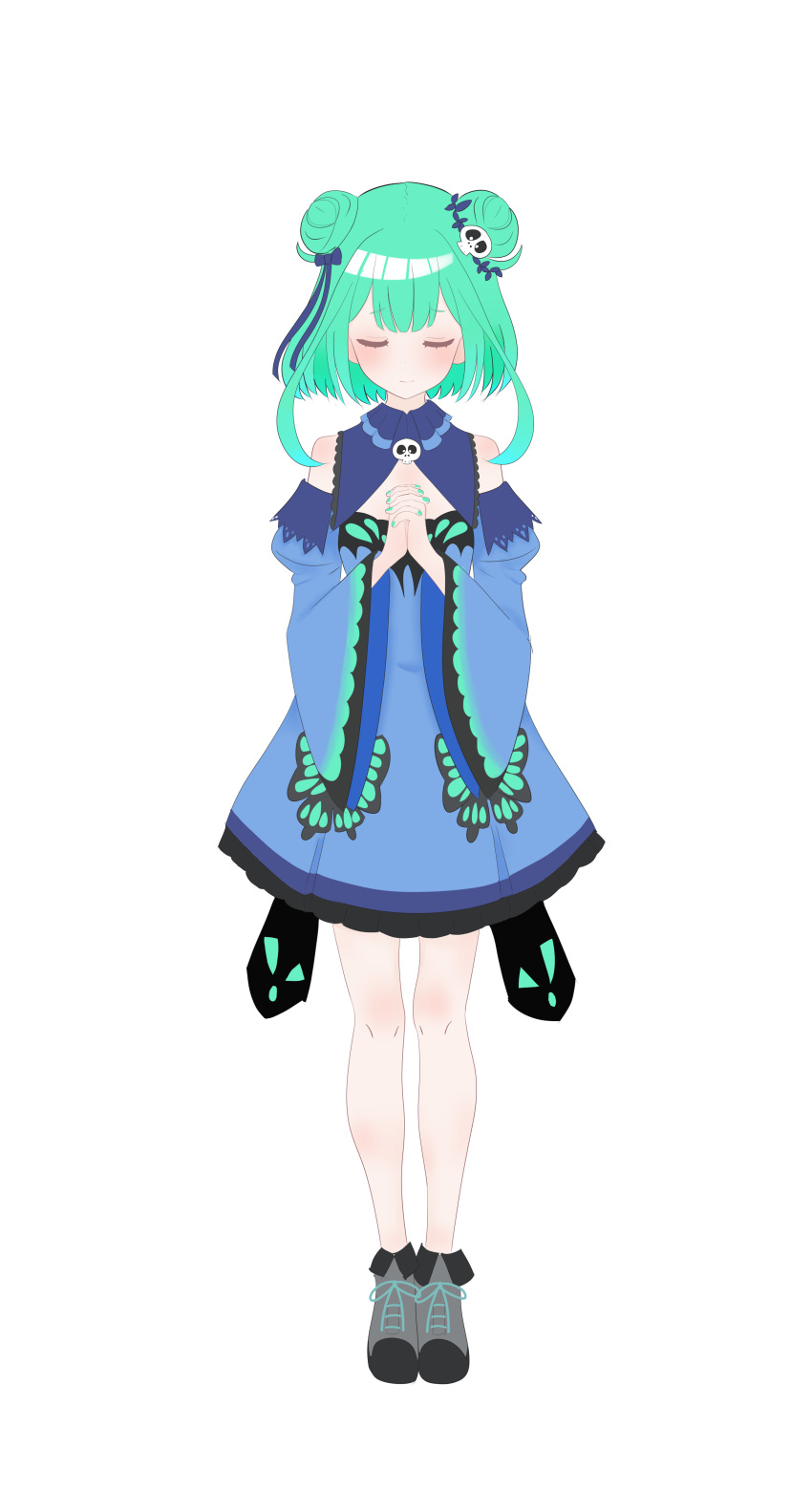 1girl, absurdres, blue_dress, closed_eyes, commentary_request, double_bun, dress, full_body